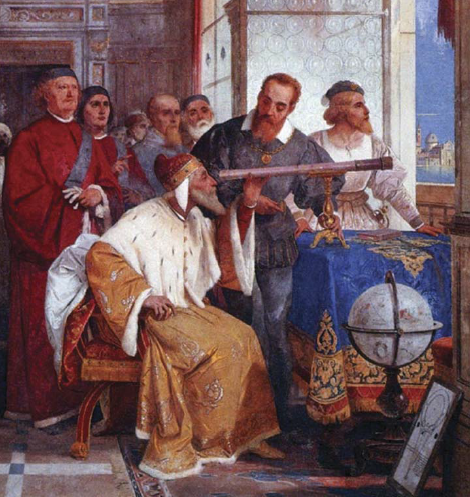 Galileo Galilei ukazuje Benátskemu dóžovi ako používať ďalekohľad (freska od Giuseppe Bertiniho)