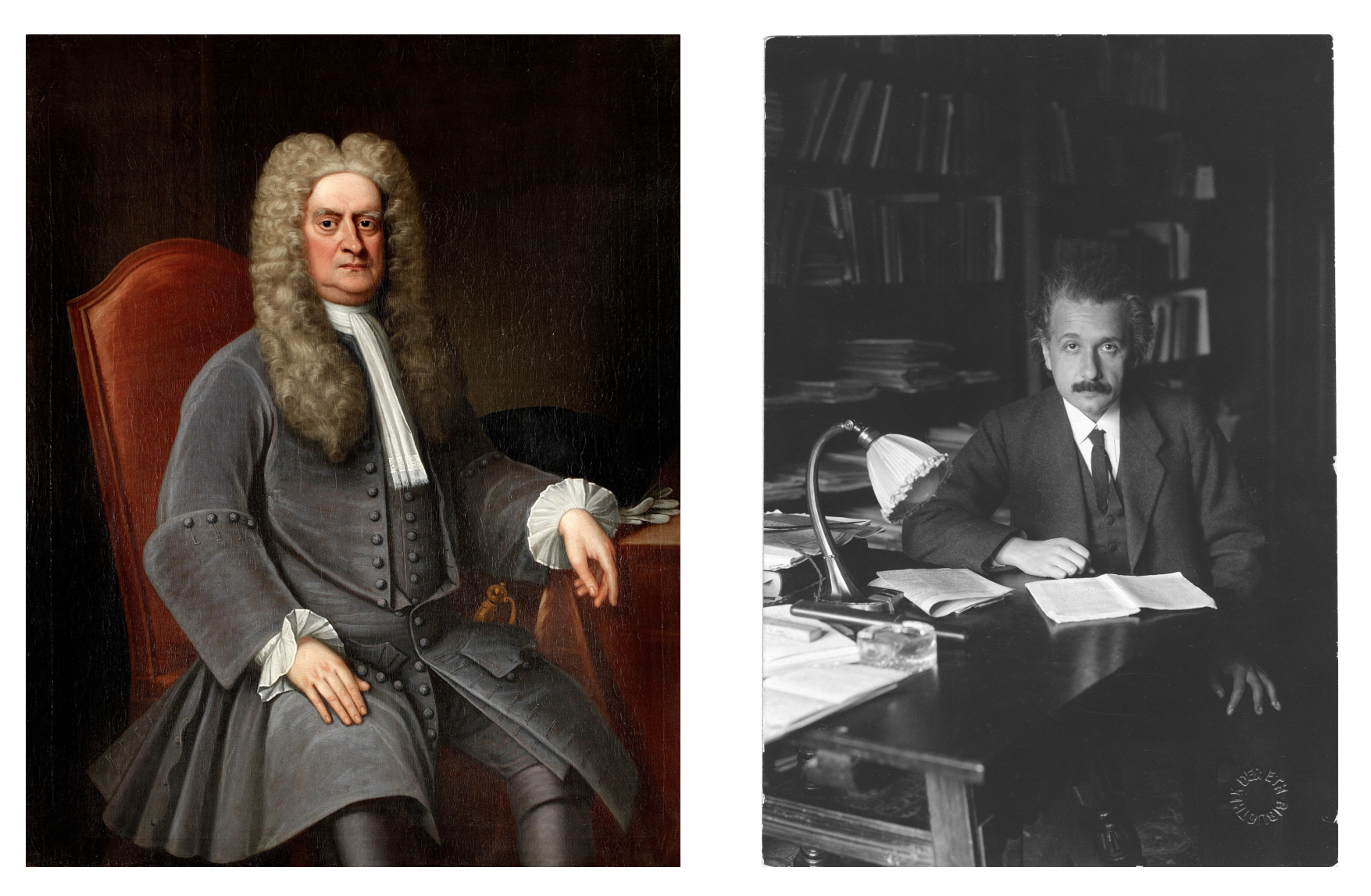 Isaac Nweton a Albert Einsten - dvaja velikáni svetovej vedy.